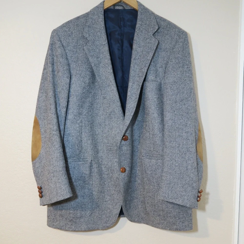 WFF Wool Sport Coat Blazer Herringbone Tweed‎ 2 Button Gray Elbow Patches